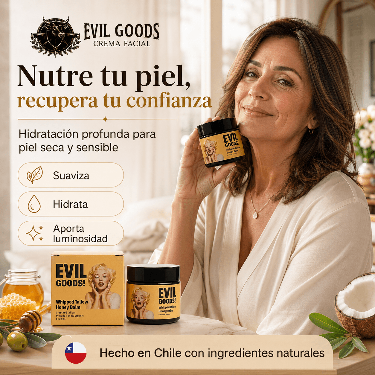EVIL GOODS®: El bálsamo facial de sebo de res que entrega una hidratación profunda al instante.
