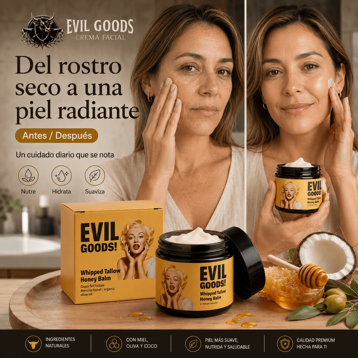 EVIL GOODS®: El bálsamo facial de sebo de res que entrega una hidratación profunda al instante.