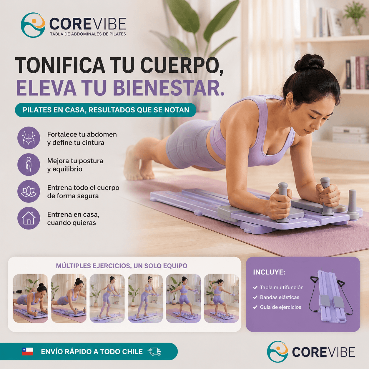 COREVIBE®: La tabla reformer fitness multifuncional 4 en 1 perfecta para entrenar todo tu cuerpo en casa.