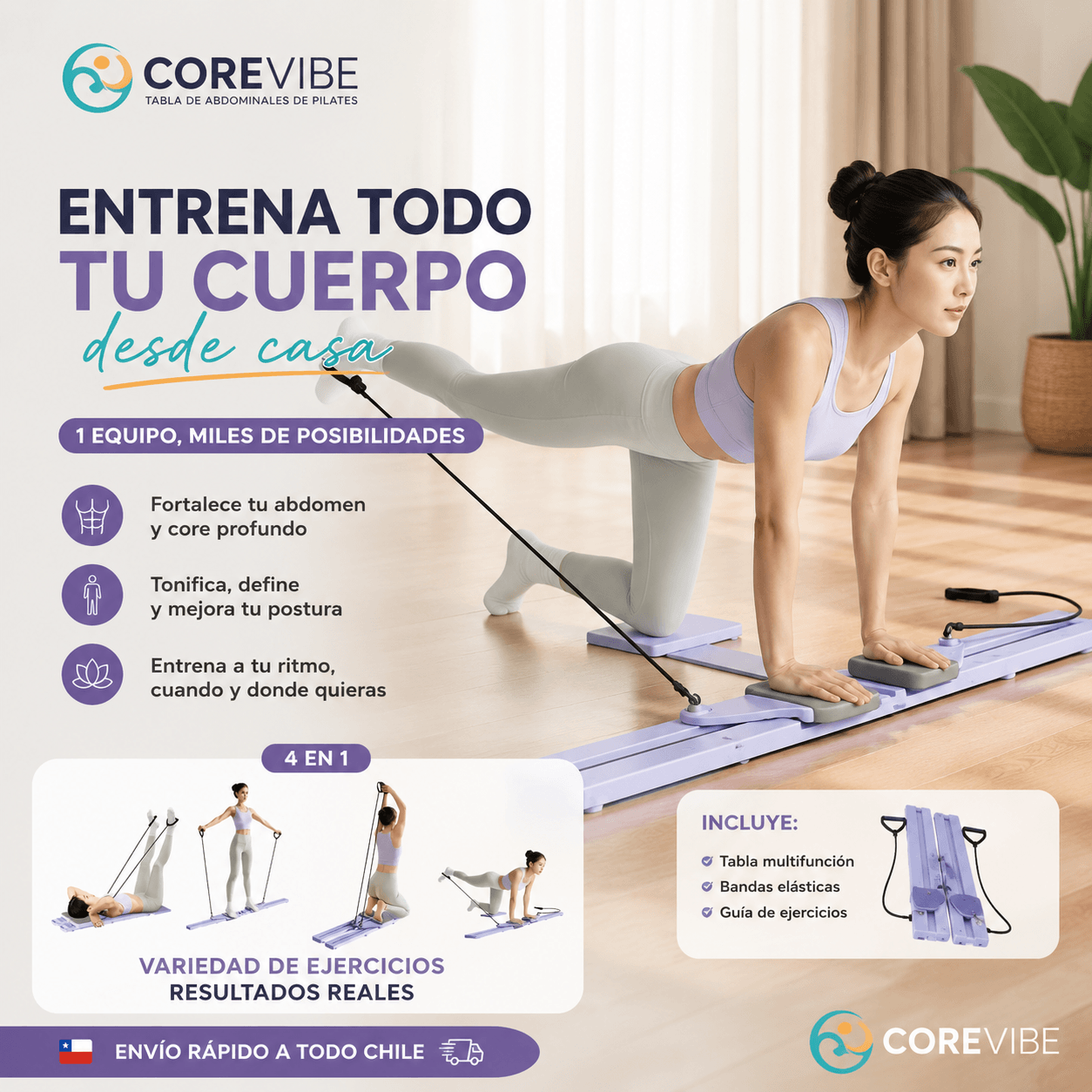 COREVIBE®: La tabla reformer fitness multifuncional 4 en 1 perfecta para entrenar todo tu cuerpo en casa.