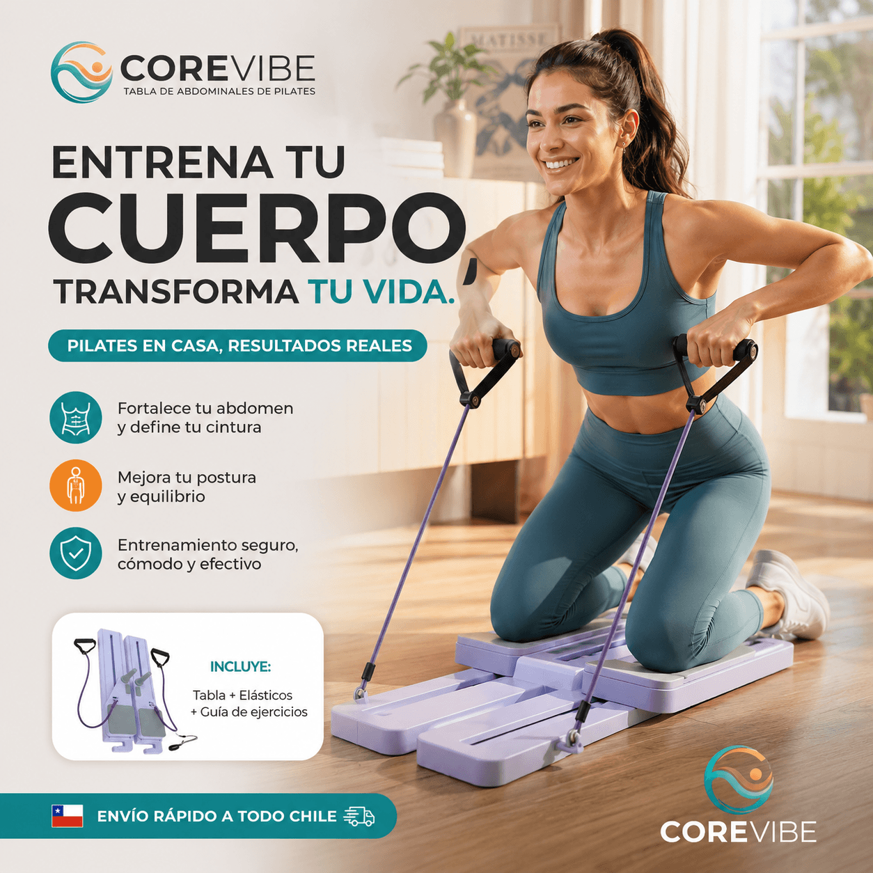 COREVIBE®: La tabla reformer fitness multifuncional 4 en 1 perfecta para entrenar todo tu cuerpo en casa.