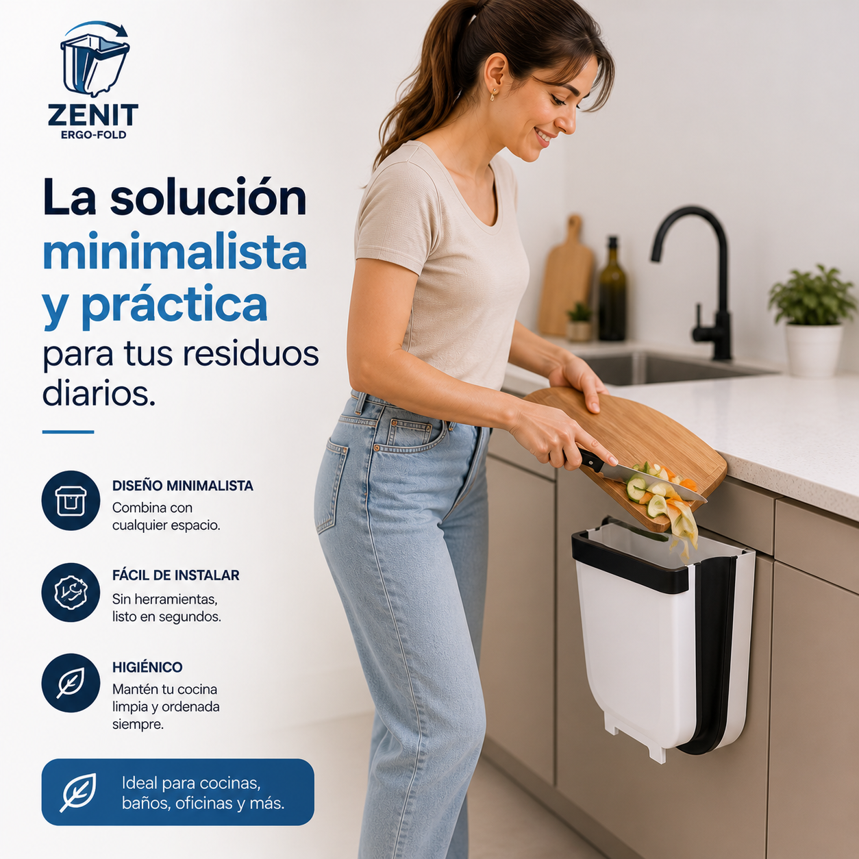 ZENIT®️: El basurero plegable que revoluciona el espacio en tu cocina.