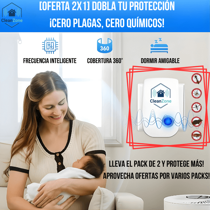 CleanZone®️ - Pack 2 Repelentes Ultrasónicos para Proteger Todo tu Hogar de Plagas, Cero Químicos