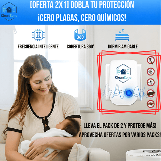CleanZone®️ - Pack 2 Repelentes Ultrasónicos para Proteger Todo tu Hogar de Plagas, Cero Químicos
