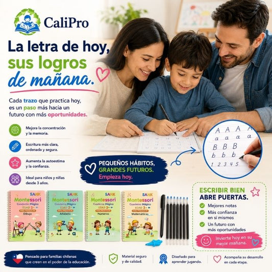 Calipro®️: El cuaderno mágico Montessori que enseña a escribir jugando.