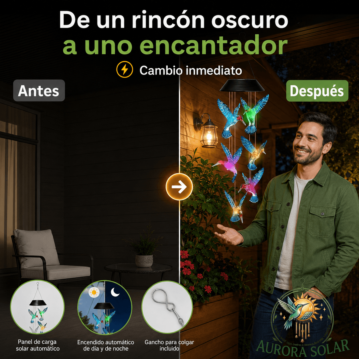 AURORA SOLAR®: El carillón de viento y lámpara solar que llena de luces y melodías mágicas tu jardín.