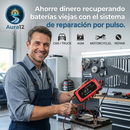Aura12®️ - Cargue y repare sus baterías de forma segura y sencilla, sin conocimientos de mecánica.