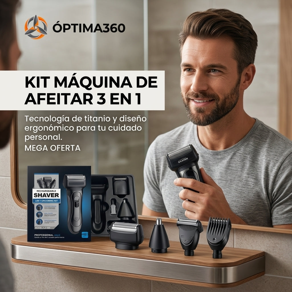 OPTIMA360®️: Afeitadora, cortapelos y recortadora en un solo dispositivo.