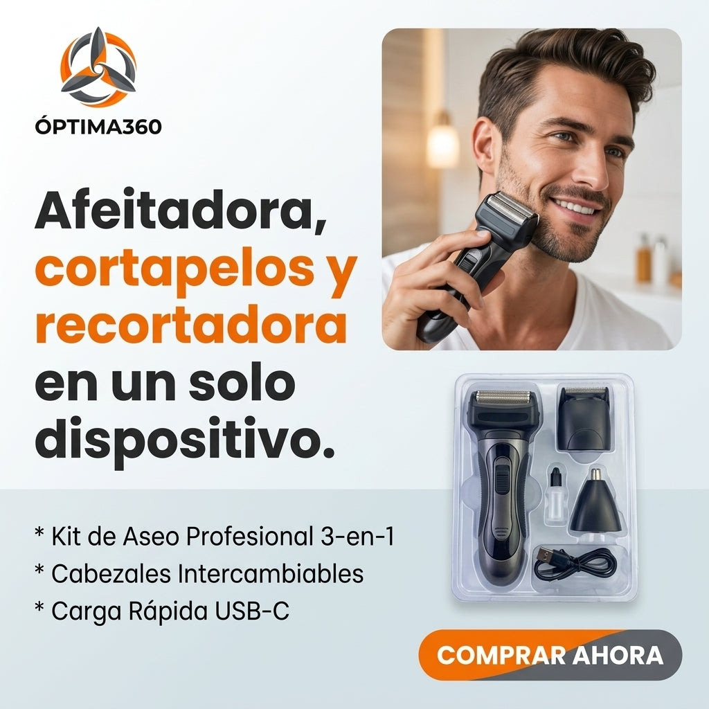OPTIMA360®️: Afeitadora, cortapelos y recortadora en un solo dispositivo.