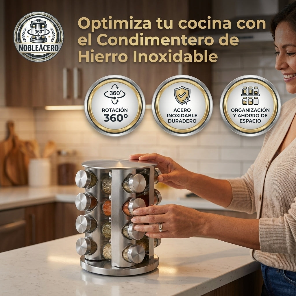 NobleAcero®️: El Condimentero Giratorio de 16 piezas que ordena tu cocina.