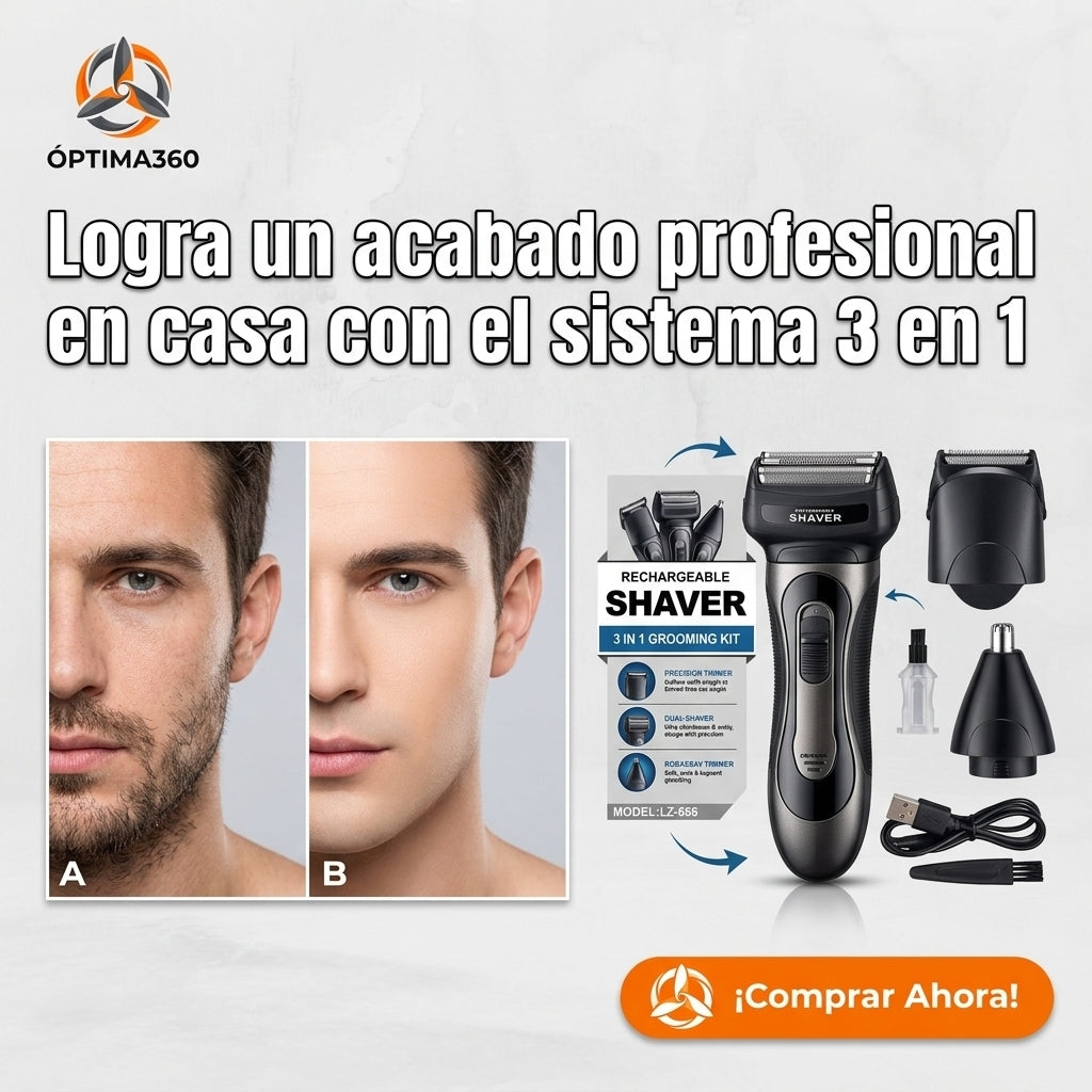 OPTIMA360®️: Afeitadora, cortapelos y recortadora en un solo dispositivo.