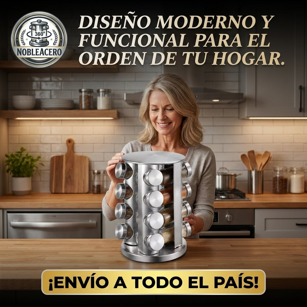 NobleAcero®️: El Condimentero Giratorio de 16 piezas que ordena tu cocina.