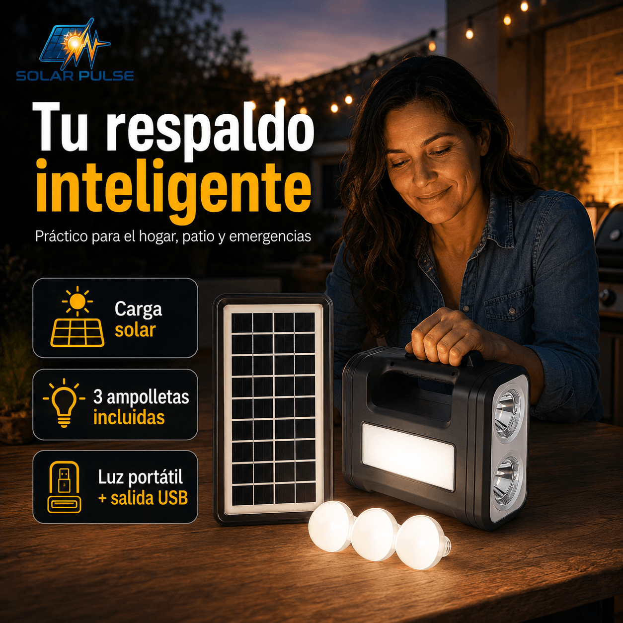 SOLAR PULSE®: La estación solar de emergencia 5V que ilumina tu hogar y carga tu celular al instante.