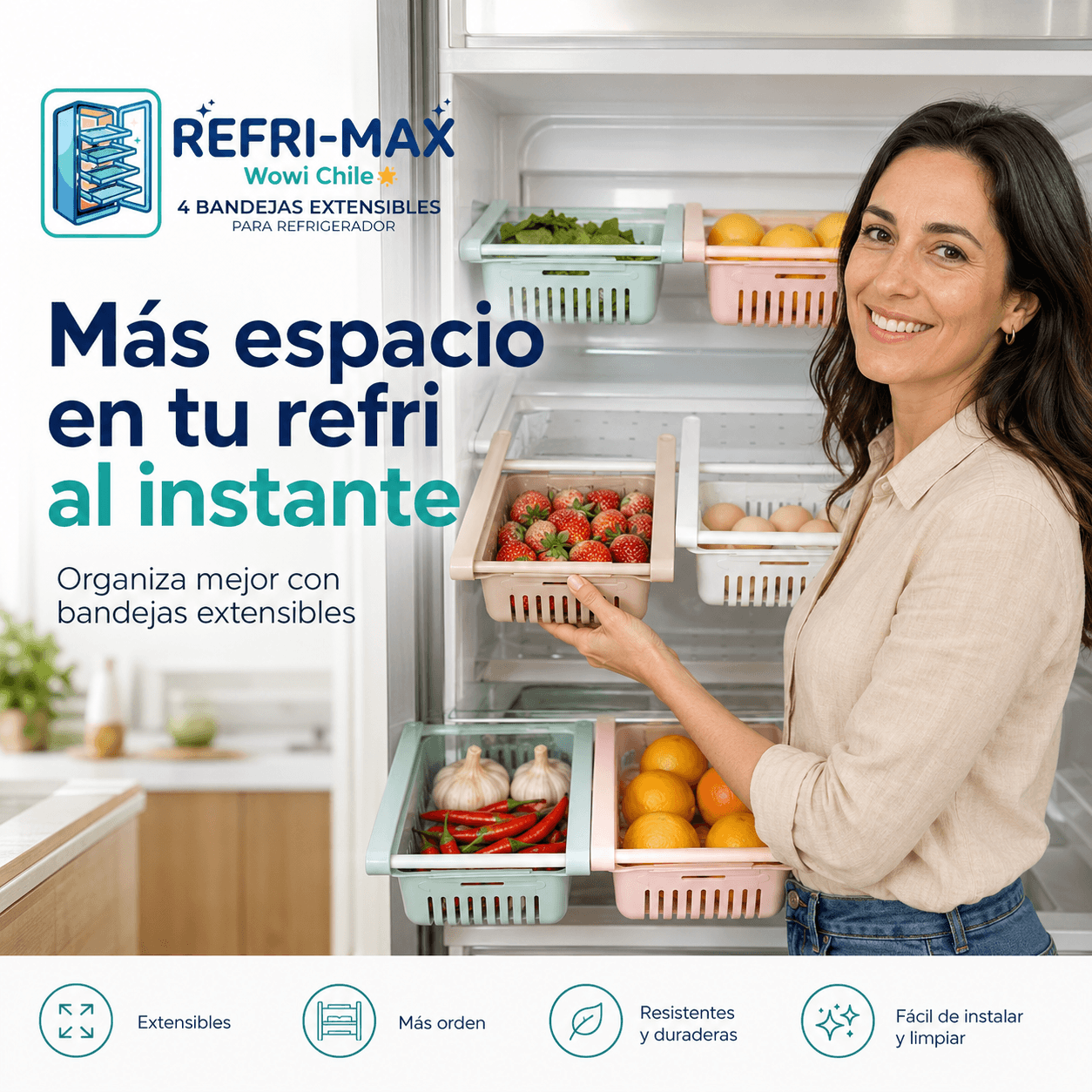 REFRI-MAX®: El pack de 4 bandejas extensibles que duplica el espacio de tu refrigerador al instante.