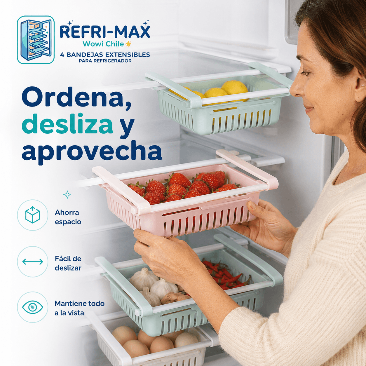 REFRI-MAX®: El pack de 4 bandejas extensibles que duplica el espacio de tu refrigerador al instante.
